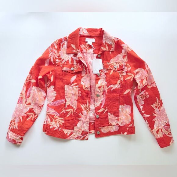 NWT Cynthia Rowley Linen Jacket in Tangerine Orange w/ Pink Floral Print S - Picture 3 of 9